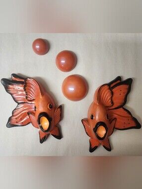 Orange Chalkware Fish Wall Accents - Playful Coastal Décor